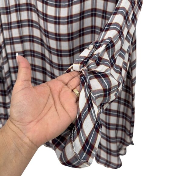 LOFT Outlet Pullover Plaid Long-Sleeve Rayon Blouse SZ L White & Multicolor - Picture 7 of 10